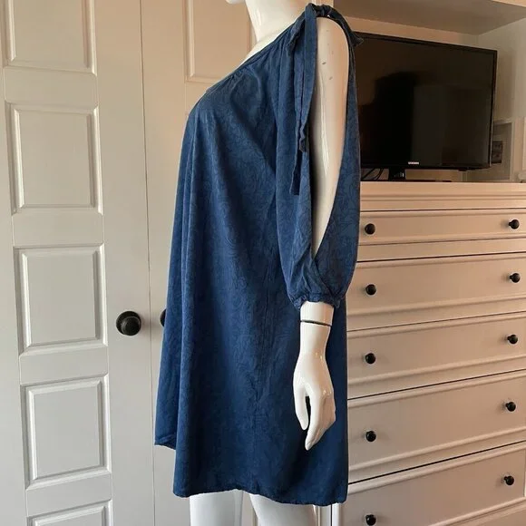 Holding Horses Leyton Blue Floral Swing Mini Dress Open Slit Long Sleeve XS - Picture 5 of 9